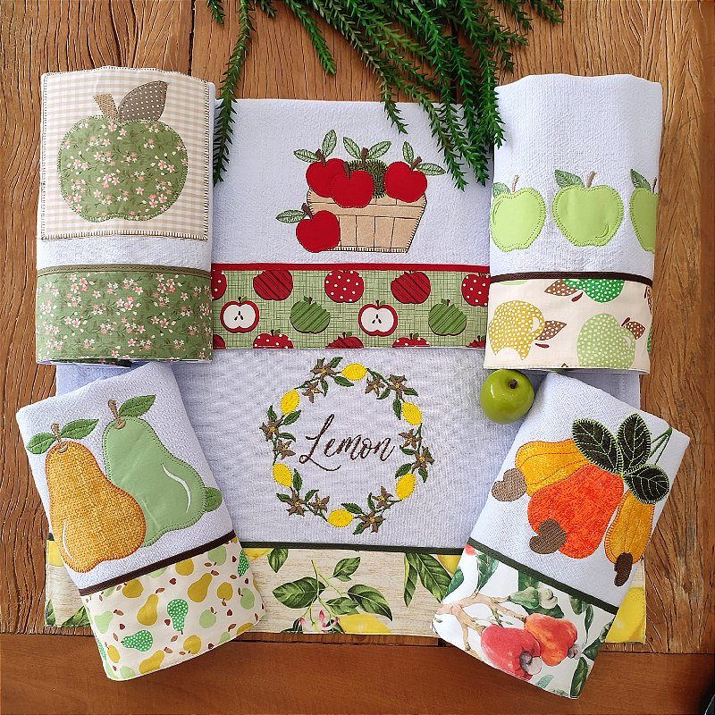 Kit 6 Panos de Prato Bordados Frutas - Nicoly Cozinha