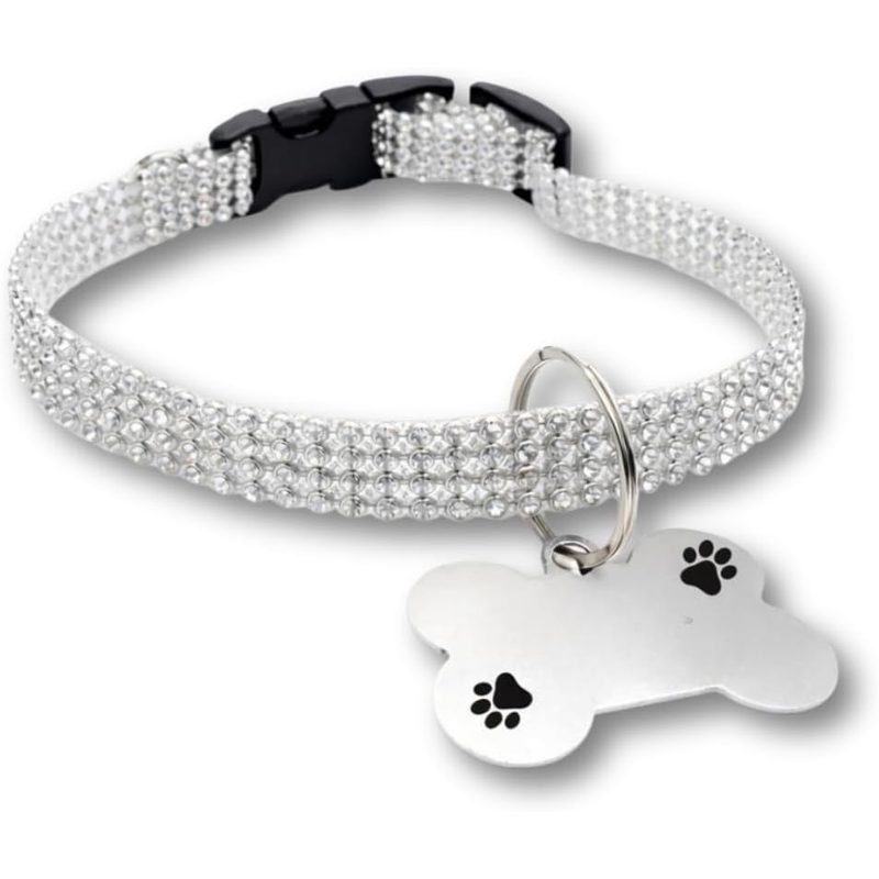 Kit Coleira Pet com Plaquinha Personalizada Nome e Telefone (Ossinho Prata)